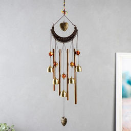 Музыка ветра Ожерелье и сердце, металл, пластик, 4 трубки, 5 колокольчиков, 54 см