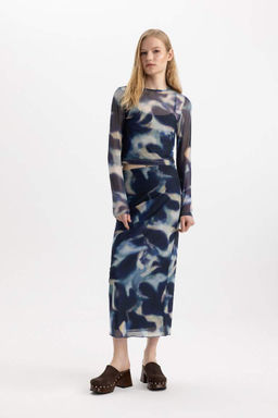 Облегающая футболка из тюля с круглым вырезом и длинными рукавами с рисунком - Defacto фото 2