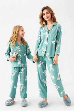 Cok Renkli Tavsan Desenli K?z Cocuk Mini Me Anne K?z Pijama Tak?m? Alt Ust Tak?m TKDAW25PT00011