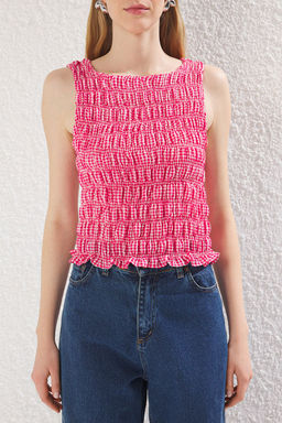 Pembe Fitted Kay?k Yaka Kolsuz Potikareli Dokuma Bluz TWOSS25BZ00356 - Trendyolmilla фото 3