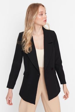Siyah Regular Astarl? Kruvaze Kapama Dokuma Blazer Ceket TWOSS20CE0059