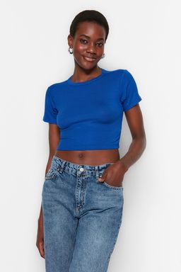 Premium Saks-Ekru Saks Cizgili 2li Paket Viskoz/Yumusak Kumas Crop Esnek Orme Bluz TWOSS23BZ00194