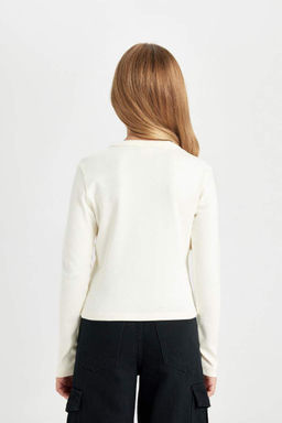 Укороченная рубашка с круглым вырезом для девочек, футболка в рубчик с принтом и длинными рукавами, состоящая из двух частей - Defacto фото 10