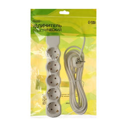 Удлинитель Luazon Lighting ECO, 5 розеток, 5 м, 10 А, 2200 Вт, ПВС 3×0.75 мм2, с заземлением, белый