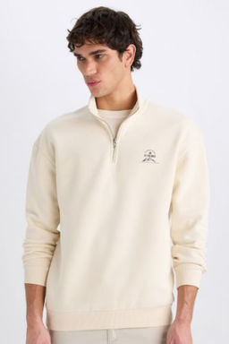Comfort Regular Fit Rahat Kal?p Fermuarl? Dik Yaka Bask?l? Sweatshirt