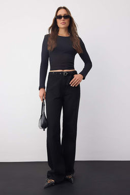 Wardrobe Essentials Siyah Yuksek Bel Kus Gozu Detayl? Kemerli Wide Leg Palazzo Jeans TWOAW26JE00098
