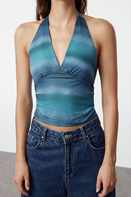 Indigo Boyundan Baglamal? Vucuda Oturan Esnek Crop Orme Bluz TWOSS24BZ00061