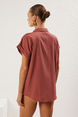 TRENDYOLMILLA Ekru Dokuma Flaml? Pamuk Plaj Gomlegi TBESS25GO00014  фото 10