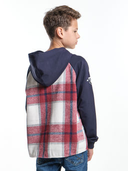 Рубашка подростковая в клетку с капюшоном UD 7982 т.син/бордо клетка - Mini maxi фото 2