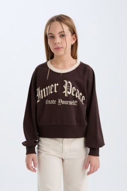 K?z Cocuk Relax Fit Bisiklet Yaka Bask?l? Ici Yumusak Tuylu Sweatshirt