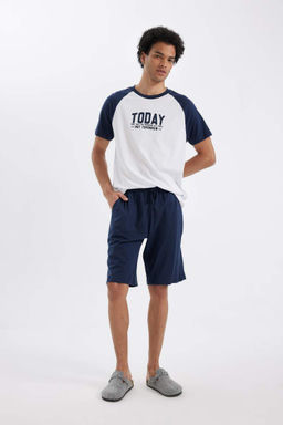 Regular Fit Pijama Tak?m? Bisiklet Yaka Bask?l? K?sa Kollu Ust Beli Bagc?kl? Sort Alt - Defacto фото 3