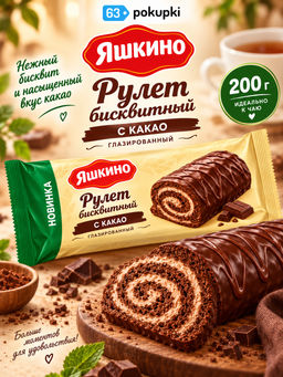 Яшкино, рулет бисквитный с какао глазированный, 200 г
