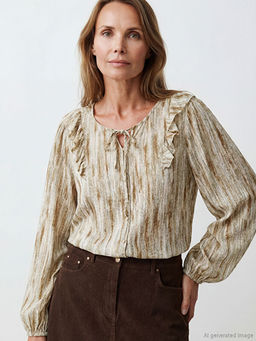 Ba?lamal? Yaka F?rf?rl? Desenli Bluz