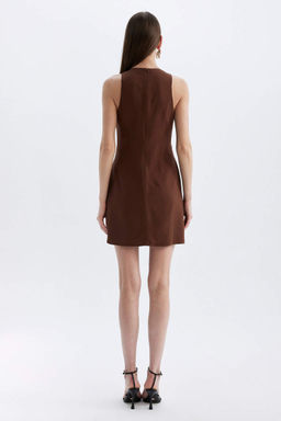 Платье миди без рукавов с круглым вырезом и трапециевидным вырезом из смесового льна - Defacto фото 6