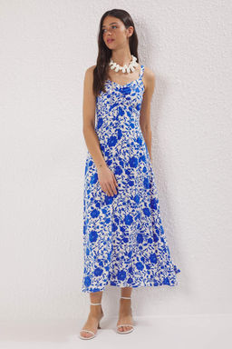 TRENDYOLMILLA K?rm?z? Cicekli Etegi Belden Ac?lan Gipeli Midi Dokuma Elbise TWOSS25EL00036 фото 2