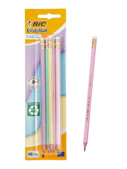 Карандаши чернографитные BIC HB Evolution «Пастель», набор 5 штук, пластиковые, с ластиками