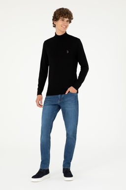 Erkek Slim Fit Yar_m Bo_azl_ Siyah Basic Kazak