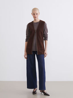 V Yaka Desenli Kad?n Triko Yelek