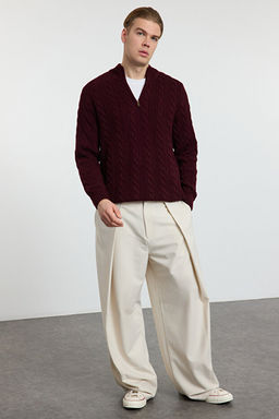 Bordo Unisex Fermuarl_ Yar_m Bal_k__ Sa_ _rg_ Triko Kazak TMNAW21KZ0737