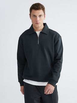 Polo Yaka Erkek Kal?n Sweatshirt