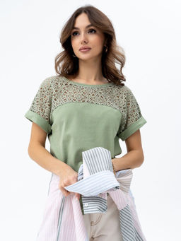 ВИДЕООБЗОР .Футболка с кружевом .арт.180-13,оливковая - Binita фото 2