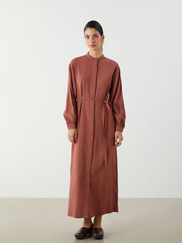 Hakim Yaka Ku?akl? Keten Kar???ml? G?mlek Elbise