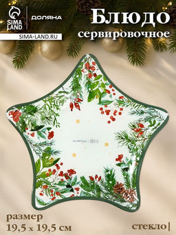 Блюдо новогоднее сервировочное Доляна Еловые ветки, d=19.5 см, стекло, белое, зелёное