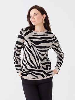 Bisiklet Yaka Bask?l? Uzun Kollu Kad?n Triko Kazak