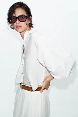 CAMISA MANGA ABULLONADA CON LINO / Blanco - Zara фото 4