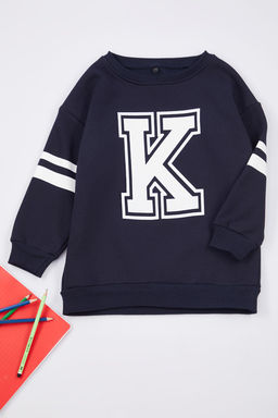 Lacivert*001 Erkek Cocuk Bask?l? Okul Pamuklu Orme Sweatshirt TKDAW25SW00014