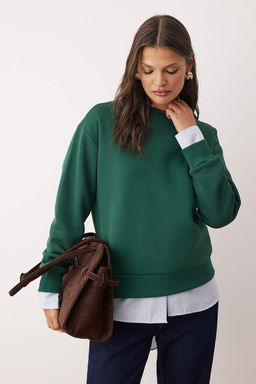 Zumrut Yesili Kal?n Ici Polarl? Regular Kal?p Bisiklet Yaka Basic Orme Sweatshirt TWOAW24SW00101