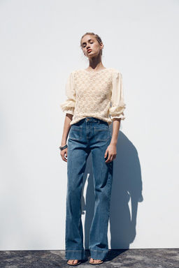 POINTELLE KNIT SWEATER WITH CONTRASTING SLEEVES