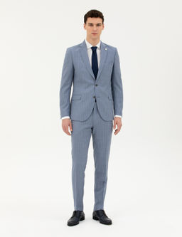 Koyu Mavi Ex. Slim Fit %100 Y_n _izgili Tak_m Elbise