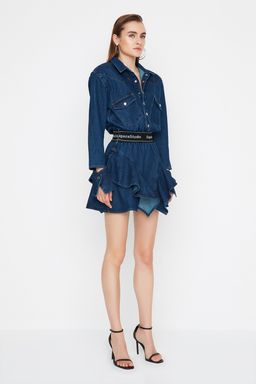Trendyolmilla Mavi A-Kesim Gomlek Yaka Denim K?sa Elbise TPRAW22EL1989