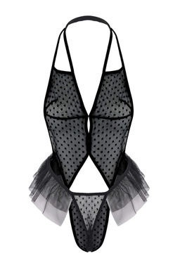 Siyah Tul Puantiyeli Pencere/Cut Out ve Volan Detayl? Kaps?z Ask?l? Orme Body THMAW26BD00005 - Trendyolmilla фото 2