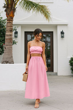 TRENDYOLMILLA Pembe Beli Lastikli Pamuklu Kumas A-Line Kal?p Maxi Boy Dokuma Etek TWOSS25ET00084