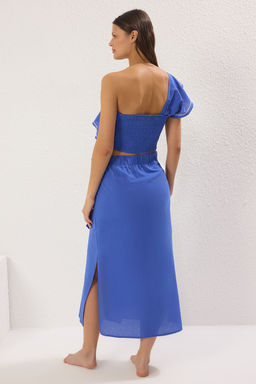 Saks Dokuma Volanl? Tek Omuz %100 Pamuklu Bluz Etek Plaj Tak?m TBESS24AU00009