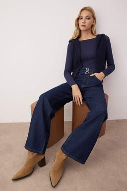Koyu Mavi Yuksek Bel Kemer Detayl? Wide Leg Jeans TWOAW26JE00164