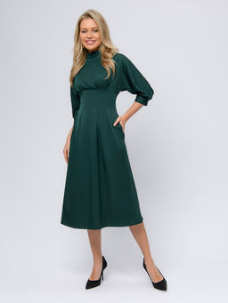 Платье зеленое длины миди с воротником-стойкой и объемными рукавами - 1001dress фото 2