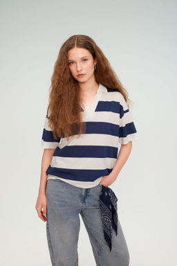 Relax Fit Cizgili Penye K?sa Kollu Polo Tisort - Defacto фото 2