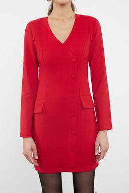 K?rm?z? Cep Detayl? Dugmeli V Yaka Dokuma Ceket Elbise TWOAW24EL00629 - Trendyolmilla фото 3