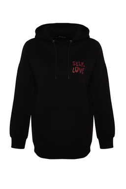 Siyah S?rt Bask? Detayl? Oversize/Genis Kal?p Kal?n Ici Polarl? Orme Sweatshirt TWOAW22SW0687