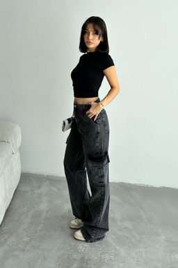 Antrasit Kargo Cepli Yuksek Bel Wide Leg Jeans TWOAW25JE00369