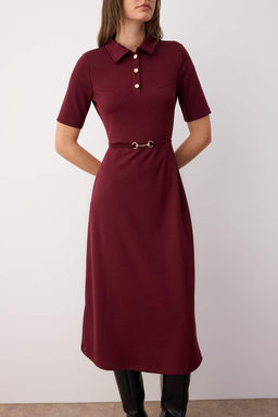 Bordo Kemerli Truvakar Kol A Line/Klos Duz Midi Orme Elbise TWOAW26EL00023 - Trendyolmilla фото 3