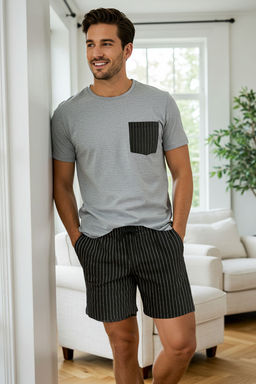 TRENDYOL MAN Bej- Haki Regular Fit Cizgili Orme Sortlu Pijama Tak?m? TMNSS25PT00036 - Trendyolmilla фото 7
