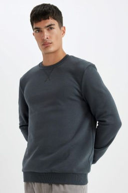Regular Fit Bisiklet Yaka Kal?n Basic Duz Sweatshirt