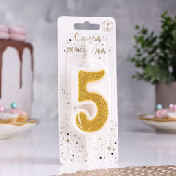 Цена за 2 шт. Свеча для торта «Суперблеск», 10.4 см, цифра 5, золотая блестка