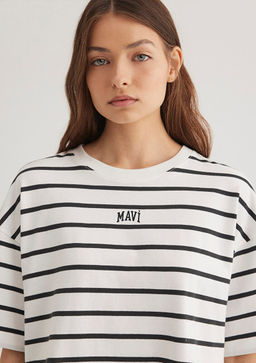 Mavi Logo Bask?l? Siyah Cizgili Crop Tisort  фото 5