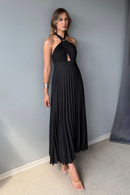 Siyah Piliseli Cut Out Aksesuar Detayl? Sifon Midi Astarl? Elbise TPRSS25EL00327