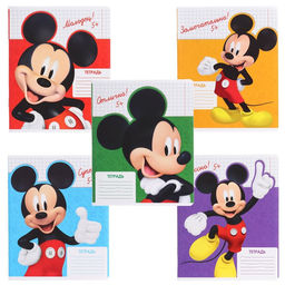 Цена за 20 шт. Тетрадь в клетку 12 листов, 5 видов МИКС, обложка мелованная бумага, Микки Маус